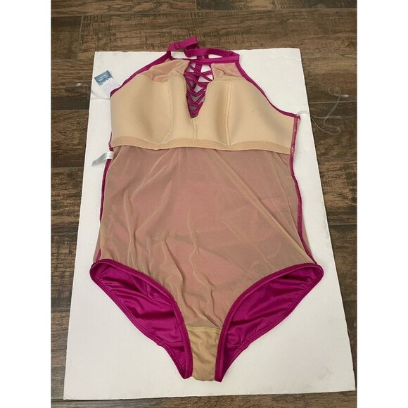Swim By Cacique Size 16 Lightly Lined No Wire Pink High Neck One Piece Swim New - Picture 8 of 12